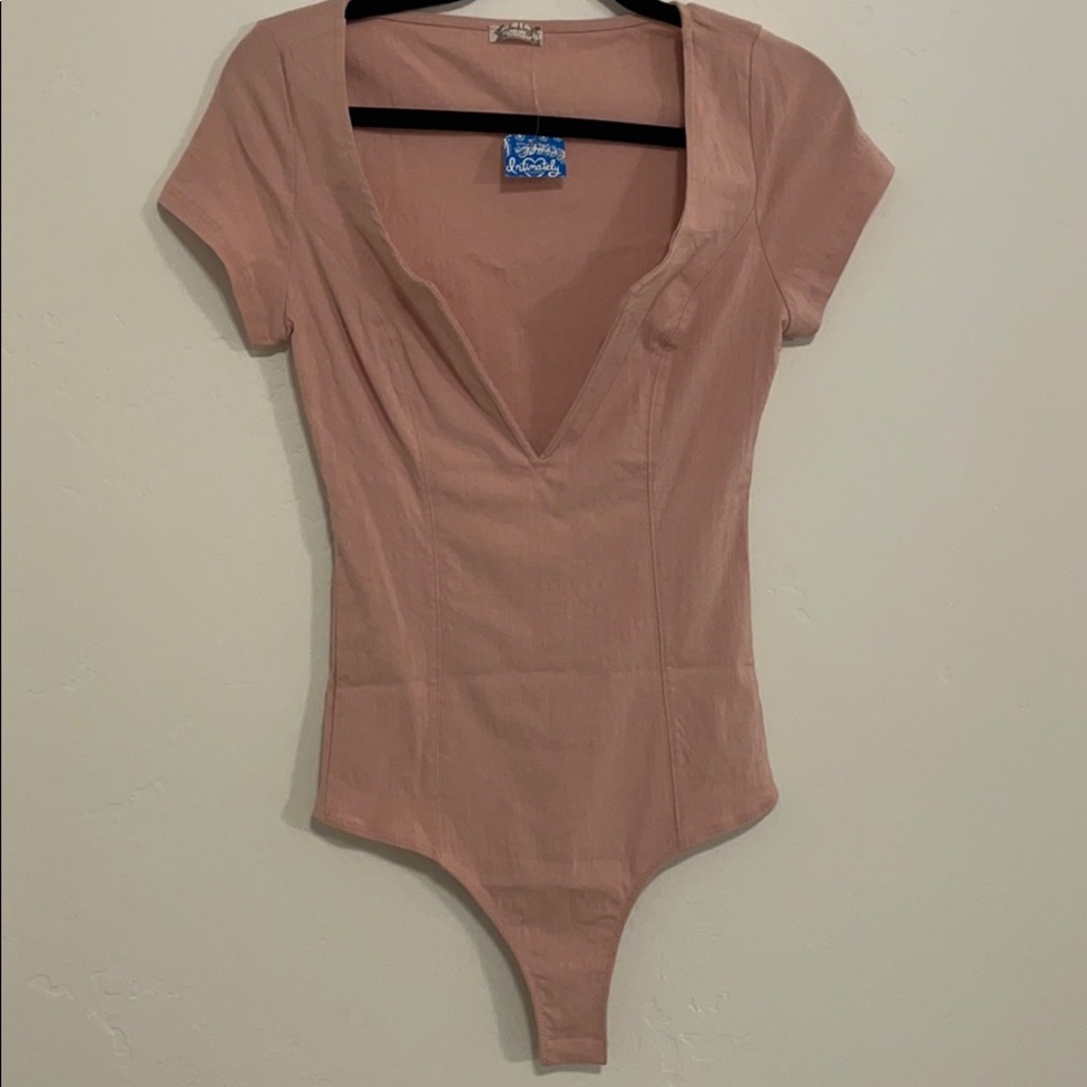 Free People Dusty Pink Deep V-Neck Bodysuit